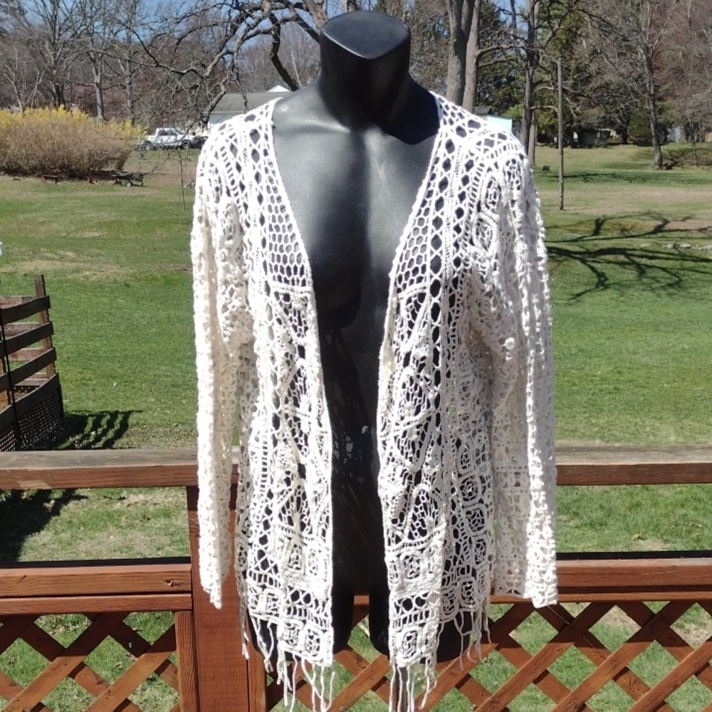 Fever White Crocheted Cotton Cardigan with Fringe Size Medium